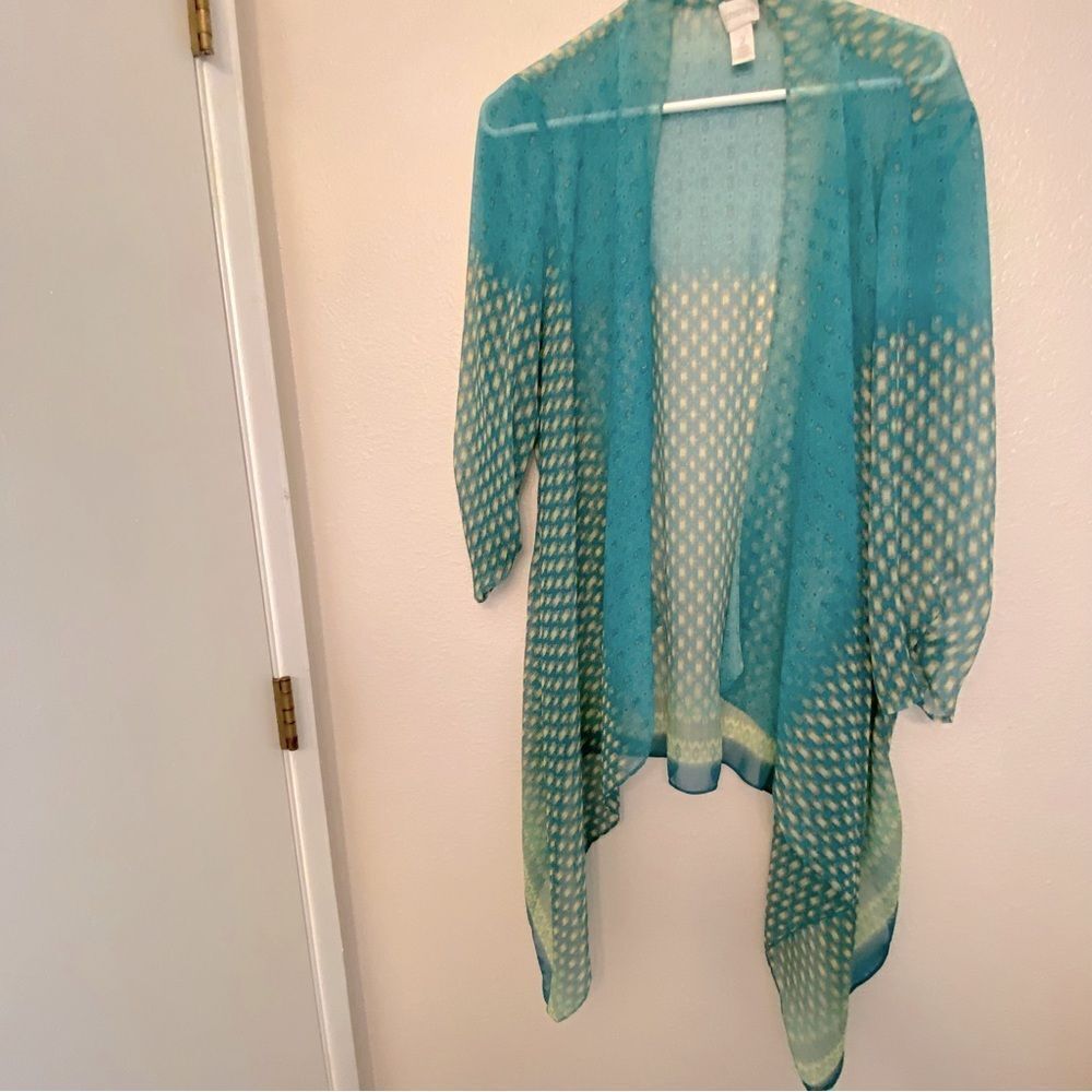 Chico's Blue Teal Green Sheer Open fairy Kimono Coverup cardigan top 2 L 12